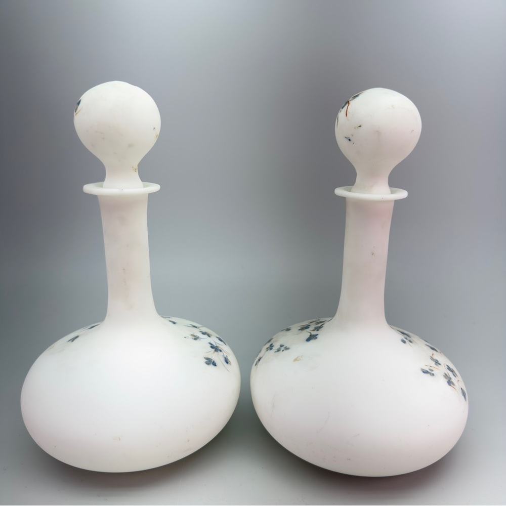 Antique Victorian HandPainted Milk Glass Decanters Barber Dresser Bottles - Picture 3 of 10